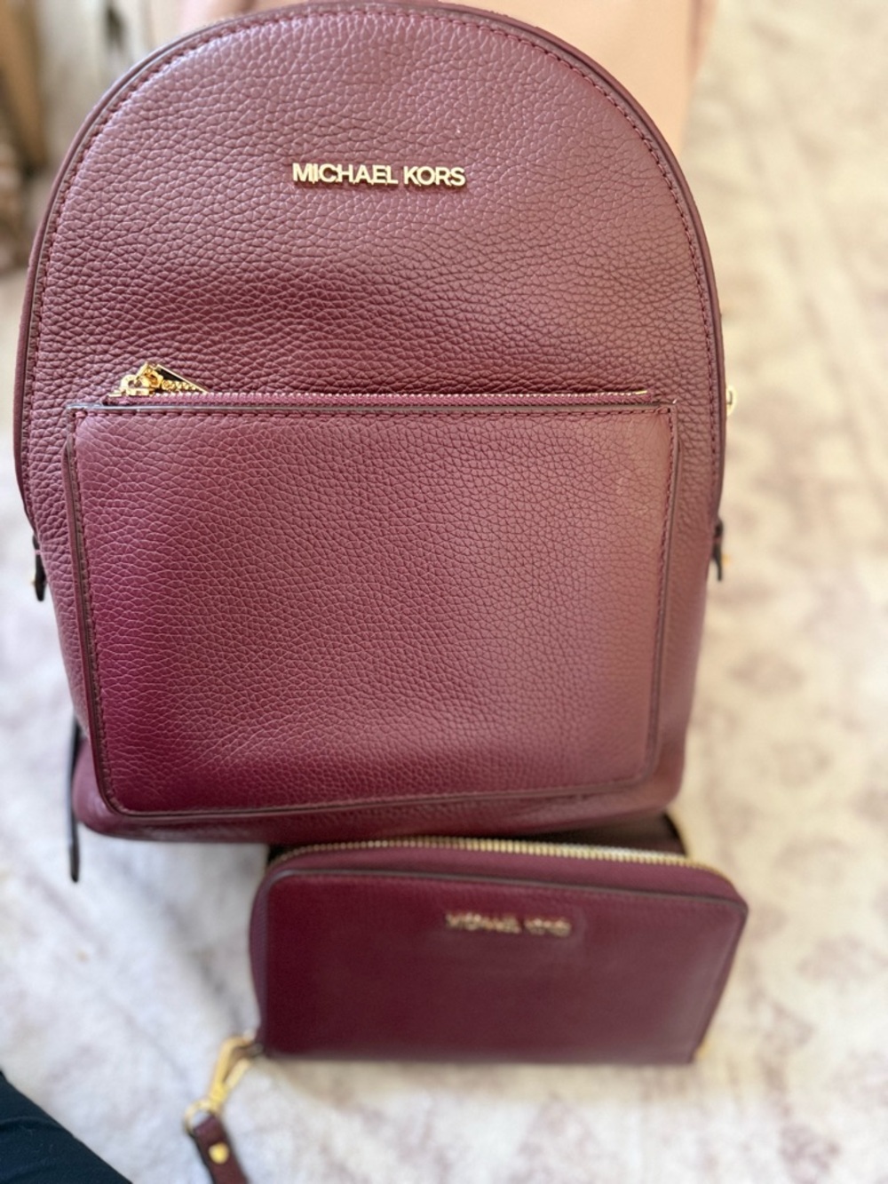 Michael Kors Wine Pebbled Leather Backpack with Wallet